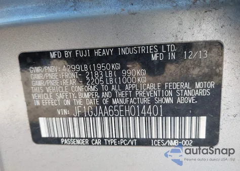 2014 Subaru Impreza 2.0I из США, поврежденный, VIN JF1GJAA65EH014401